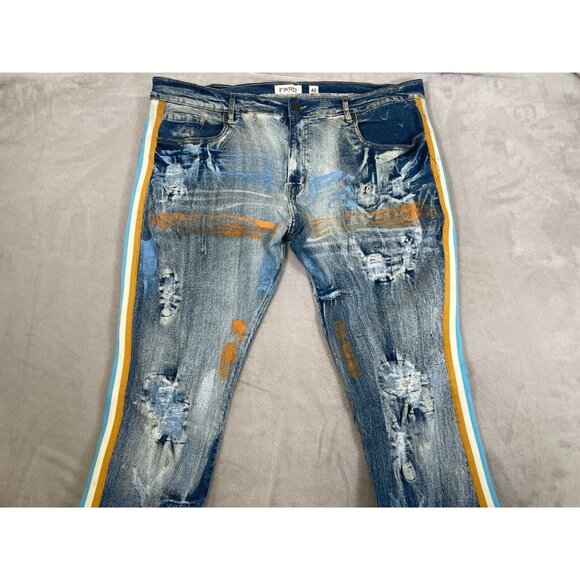 Men's FWRD Trashed Distressed Stacked Denim Jeans-Blue-Size 42 Inseam 32 - Picture 1 of 11